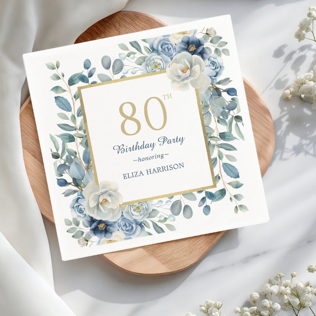 Dusty Blue Floral 80th Birthday  Napkin (Creator Uploaded)