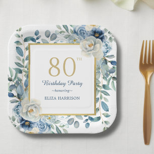 Dusty Blue Floral 80th Birthday Paper Plate