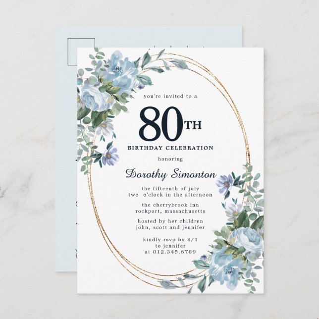 Dusty Blue Floral 80th Birthday Pretty Invitation  (Front/Back)