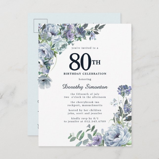 Dusty Blue Floral 80th Birthday Pretty Invitation Postcard (Front/Back)