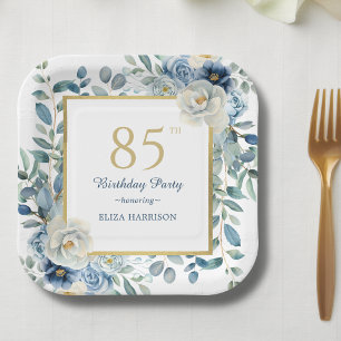 Dusty Blue Floral 85th Birthday Paper Plate