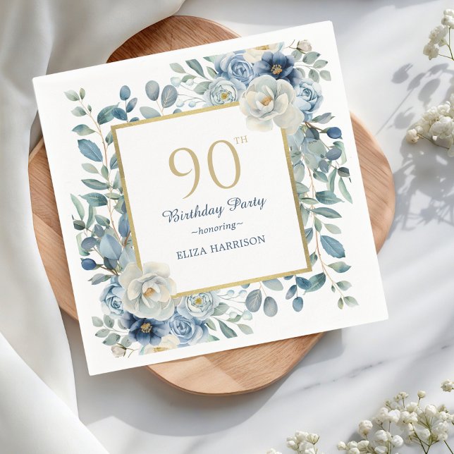 Dusty Blue Floral 90th Birthday  Napkin (Creator Uploaded)