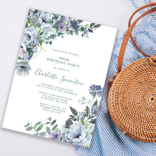 Dusty Blue Floral 90th Birthday Party Invitation