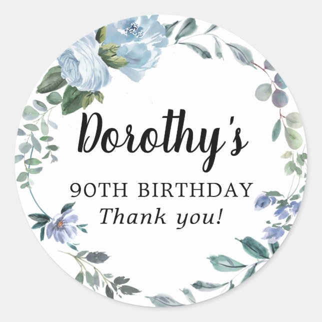 Dusty Blue Floral 90th Birthday Thank You Classic Round Sticker (Front)