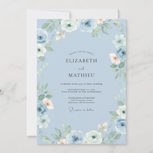 Dusty Blue Floral Accent Wedding Invitation (Front)
