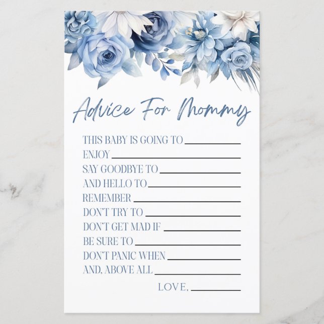 Dusty Blue Floral Advice Baby Shower Game Activity (Front)