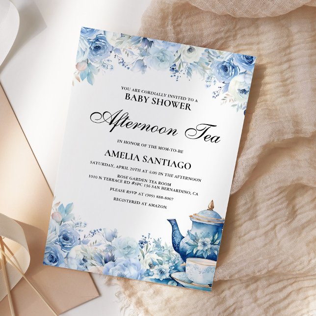 Dusty Blue Floral Afternoon Tea Baby Shower Invitation (Creator Uploaded)