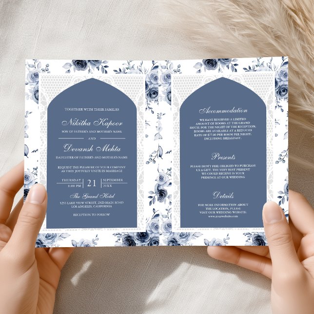 Dusty Blue Floral All in One Lace Indian Wedding Invitation (Creator Uploaded)