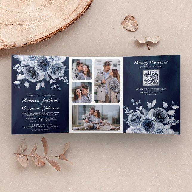 Dusty Blue Floral All in One QR Code Navy Wedding Tri-Fold Invitation (Creator Uploaded)