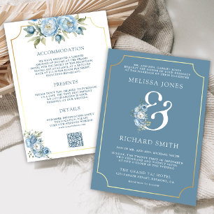Dusty Blue Floral Ampersand All in One Wedding Invitation