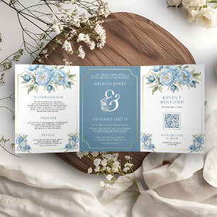 Dusty Blue Floral Ampersand All in One Wedding Tri-Fold Invitation