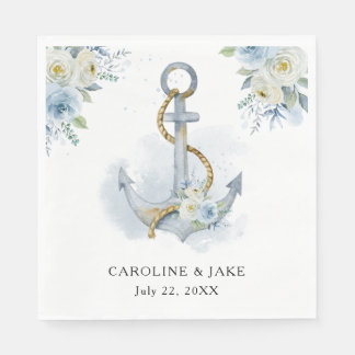 Dusty Blue Floral Anchor Nautical Wedding Napkin