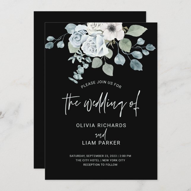 Dusty Blue Floral and Eucalyptus on Black Wedding Invitation (Front/Back)