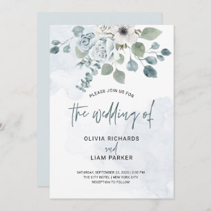Dusty Blue Floral and Eucalyptus Wedding Invitation