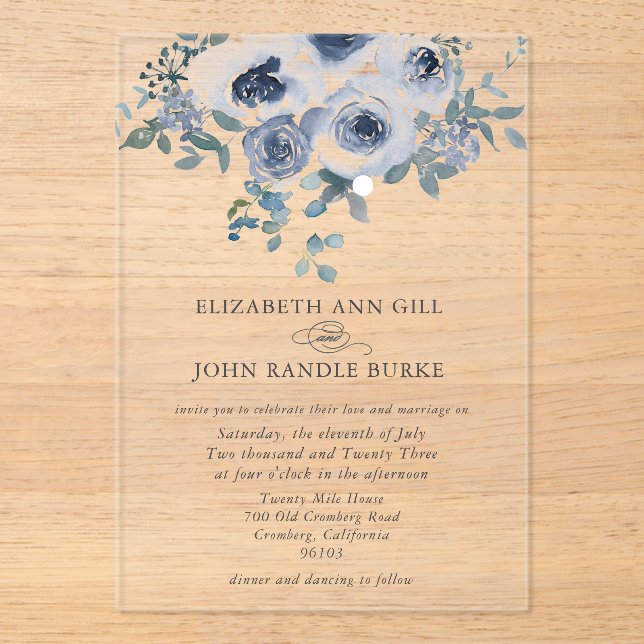 Dusty Blue Floral and Grey Acrylic Invitation (Front)