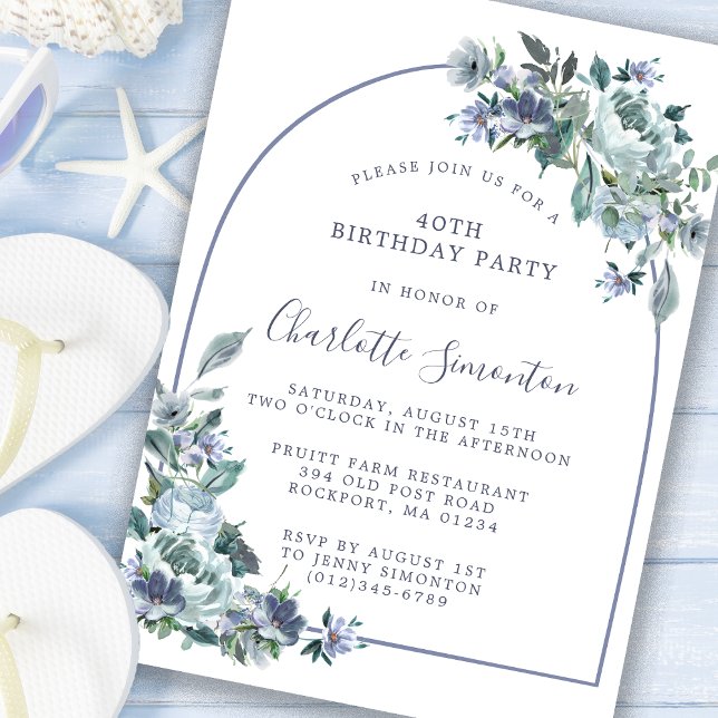 Dusty Blue Floral Arch 40th Birthday Invitation (Creator Uploaded)