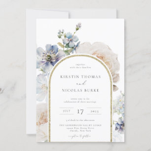 Dusty Blue Floral Arch Frame Wedding Invitation