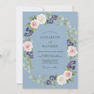 Dusty Blue Floral Arch Romance Wedding Invitation