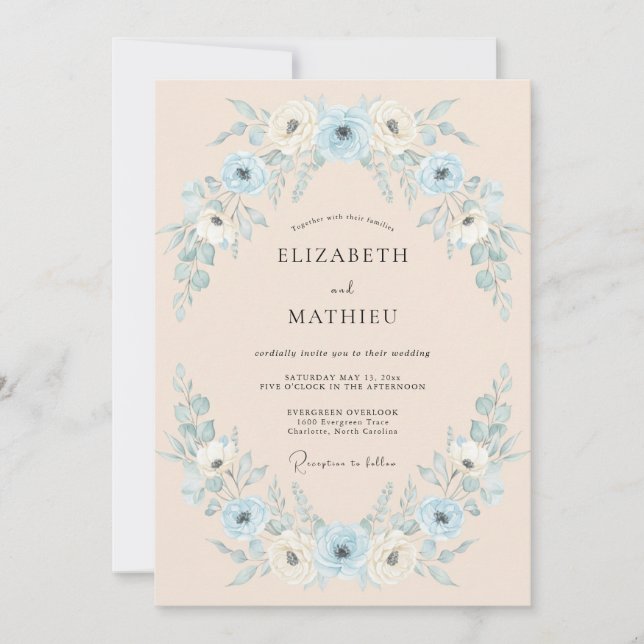 Dusty Blue Floral Arch Wedding Invitation (Front)