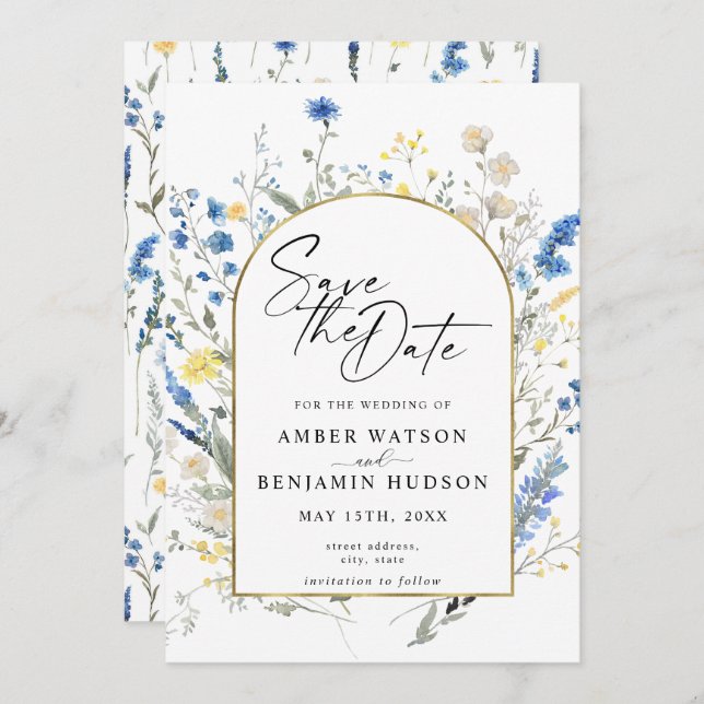 Dusty Blue Floral Arch Wedding Save The Date Invitation (Front/Back)