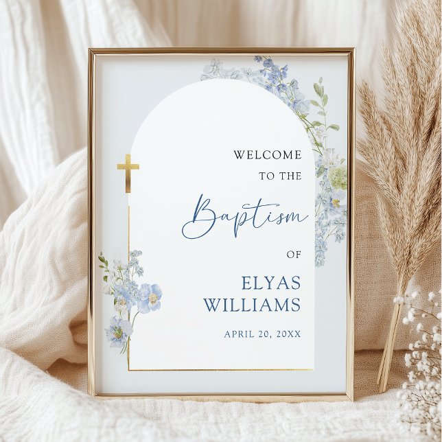 Dusty Blue Floral Arched Boy Baptism Welcome Sign (Creator Uploaded)