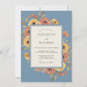 Dusty Blue Floral Autumn Wedding Invitation