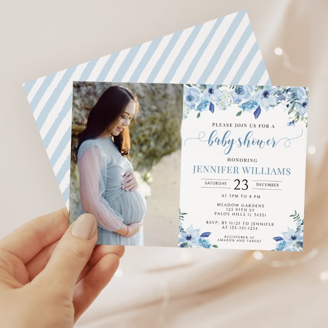 Dusty blue floral baby boy shower photo invitation (Creator Uploaded)