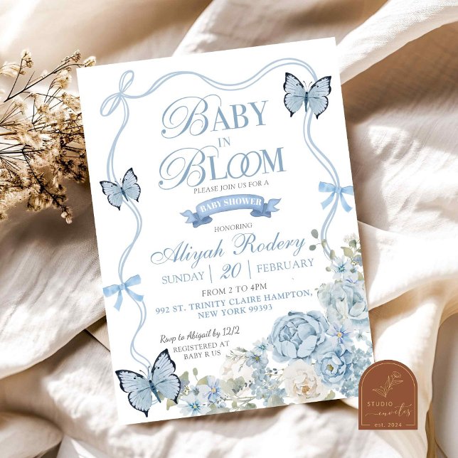 Dusty Blue Floral Baby in Bloom Baby Shower Invitation (Creator Uploaded)