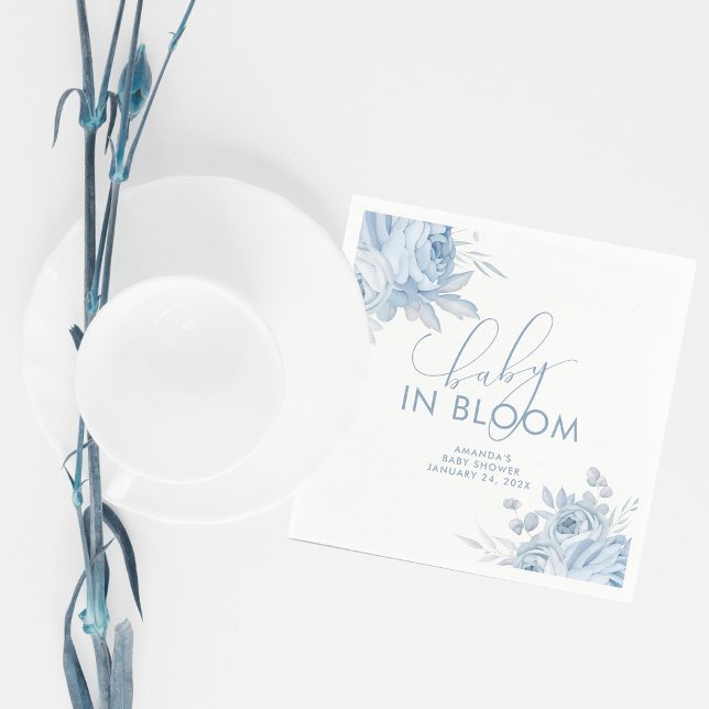 Dusty Blue Floral Baby in Bloom Baby Shower Napkin (Creator Uploaded)