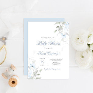 Dusty Blue Floral Baby Shower Boy Invitation
