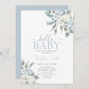 Dusty Blue Floral Baby Shower Boy Invitation