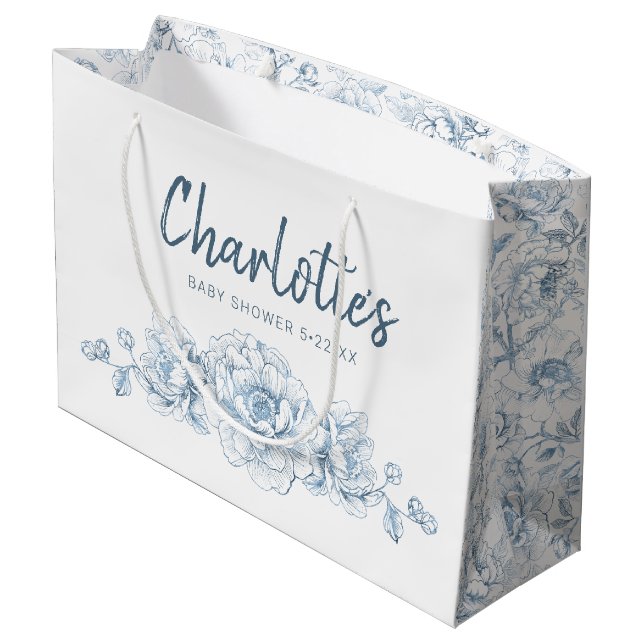 Dusty Blue Floral Baby Shower Large Gift Bag (Back Angled)