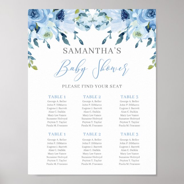 Dusty Blue Floral Baby Shower Seating Chart Sign (Front)