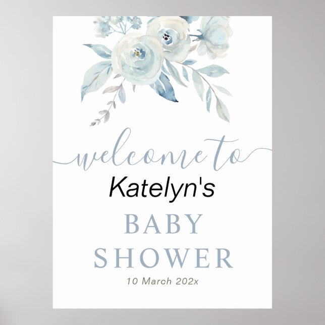 dusty blue floral baby shower welcome sign (Front)