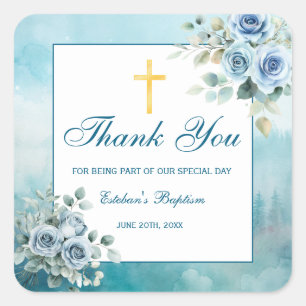 Dusty Blue Floral Baptism Boy Square Sticker