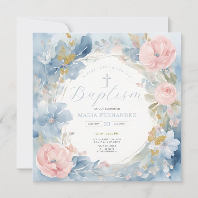Dusty Blue Floral Baptism Invitation  (Front)