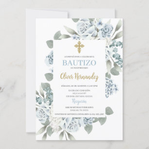 Dusty Blue Floral Bautizo Spanish Invitation