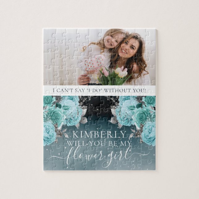 Dusty Blue Floral Be My Flower Girl Photo Jigsaw Puzzle (Vertical)