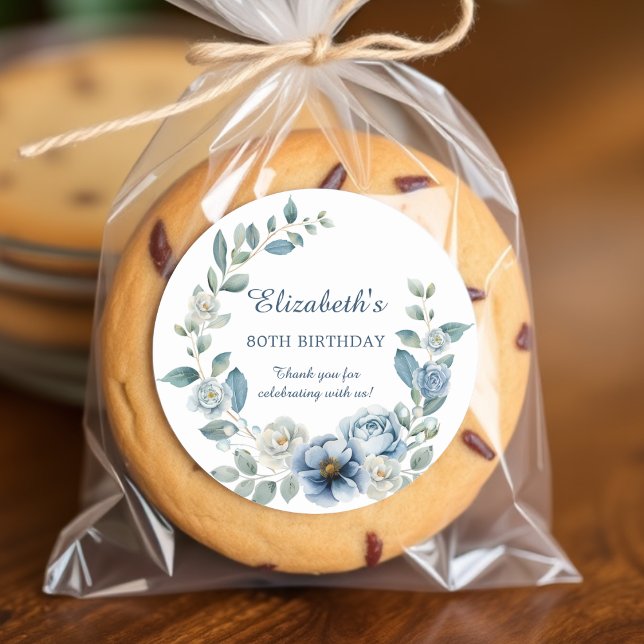 Dusty Blue Floral Birthday Thank you  Classic Round Sticker (Creator Uploaded)