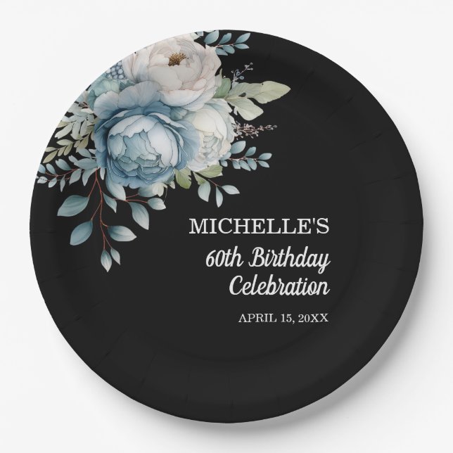 Dusty Blue Floral Black 60th Birthday Paper Plate (Front)