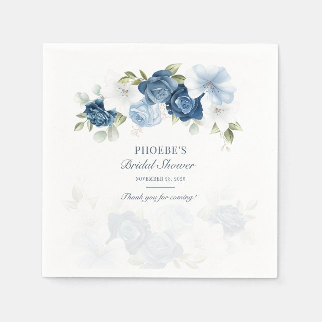 Dusty Blue Floral Bloom Eucalyptus Succulent Napkin (Front)