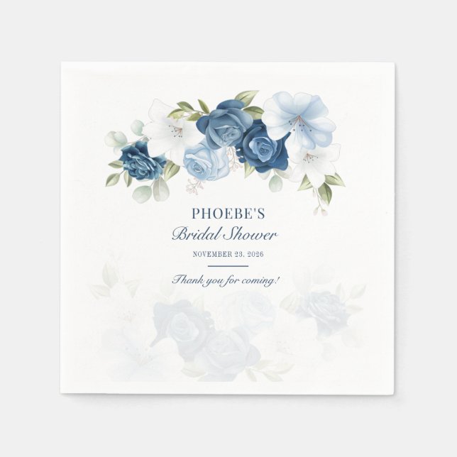 Dusty Blue Floral Bloom Eucalyptus Succulent Paper Napkin (Front)