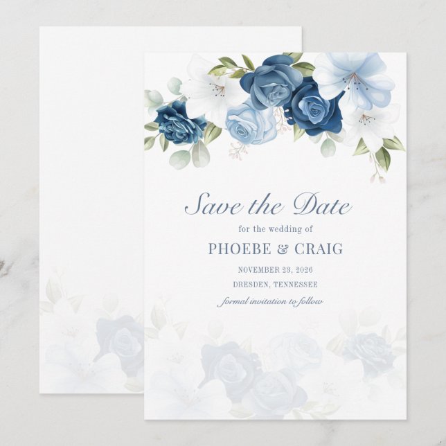Dusty Blue Floral Bloom Eucalyptus Succulent Save The Date (Front/Back)