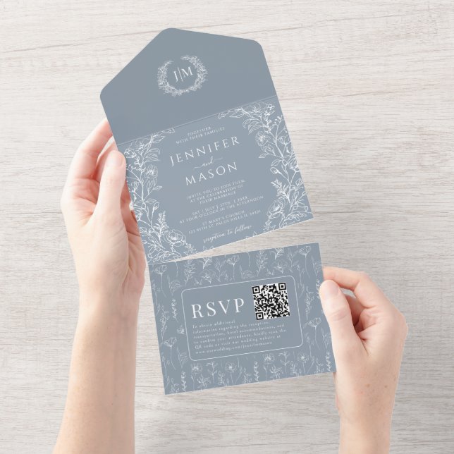 Dusty blue floral bohemian classic wedding all in one invitation (Tearaway)