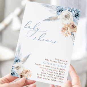 Dusty Blue Floral Boho Baby Shower Invitation