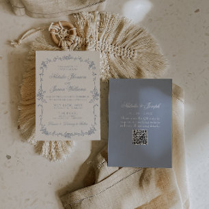 Dusty Blue Floral Boho Botanical QR Code Wedding Invitation