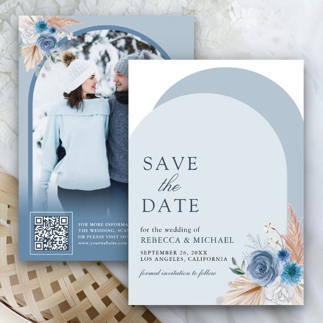 Dusty Blue Floral Boho Pampas Arch Photo QR Code Save The Date (Creator Uploaded)