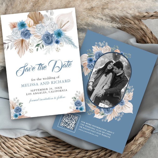 Dusty Blue Floral Boho Pampas Photo QR Code Save The Date (Creator Uploaded)