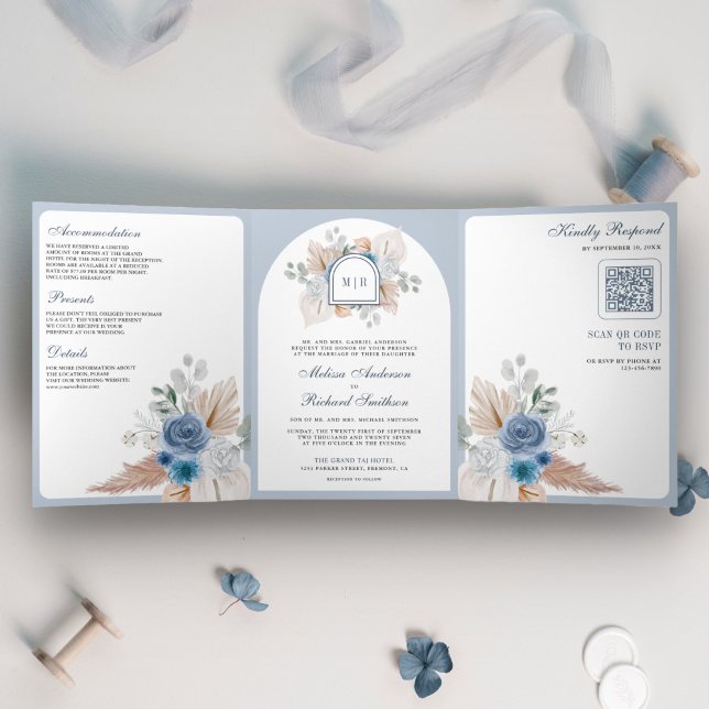 Dusty Blue Floral Boho Pampas QR Code Wedding Tri-Fold Invitation (Creator Uploaded)