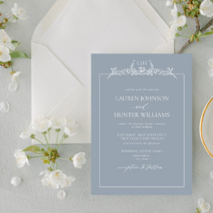Dusty Blue Floral Border Monogram Wedding Invitation